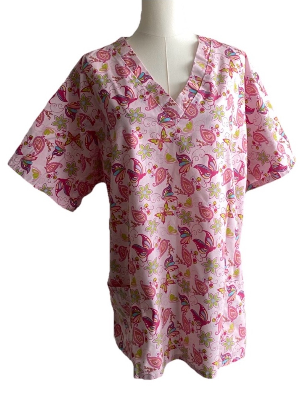 Womens 3XL Pink Butterfly Floral Paisley Scrub Top V-Neck Medical Uniform